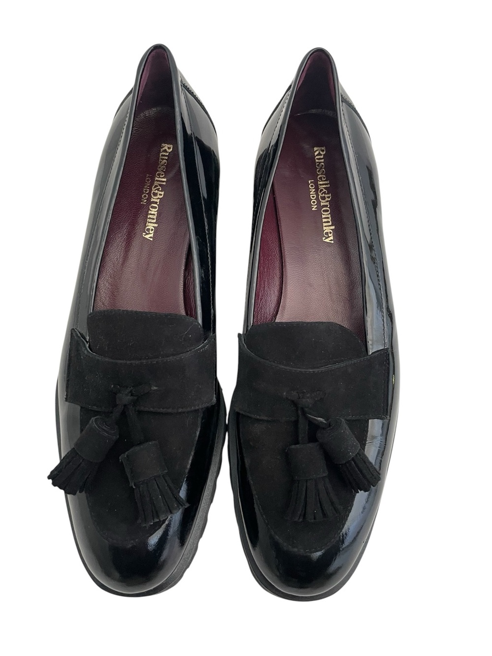 Russell & Bromley London Tassel Loafers 10 Black Patent Leather Suede EU 41